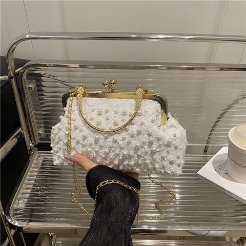 Bolso De Mano De Noche Encaje Floral 3D Con Perlas Artificiales Asa De Metal Correa De Cadena Desmontable Bolso De Fiesta