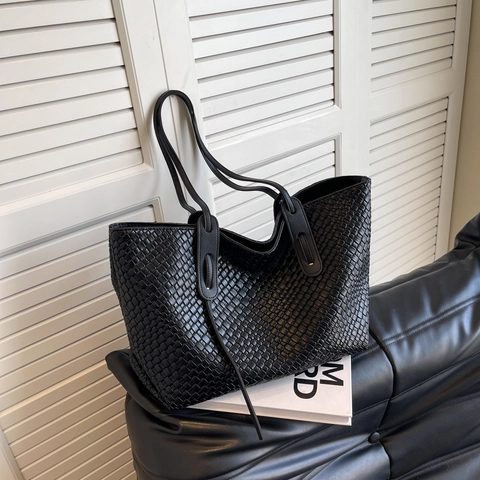Große Kapazität Gewebte Tote Bag Damen PU Leder Retro Intrecciato Schulter Unterarm Handtasche Täglich Pendeln Vielseitig