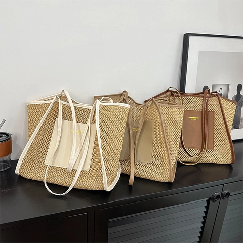 Woven Straw Tote Bag Large Capacity Hollow Out PU Leather Shoulder Bag Summer Beach Vacation Chic Handbag For Women