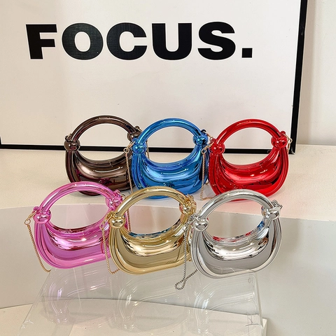 Mini Crescent Handbag Acrylic Mirror Surface Round Handle Metal Chain Strap Evening Party Crossbody Bag For Women