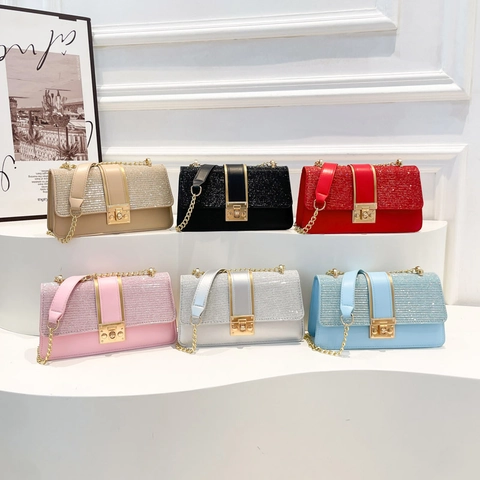 Damen Mode PU Leder Pailletten Spleißen Schulter Umhängetasche Kleine Quadratische Kettentasche Mit Metallschloss Handtasche
