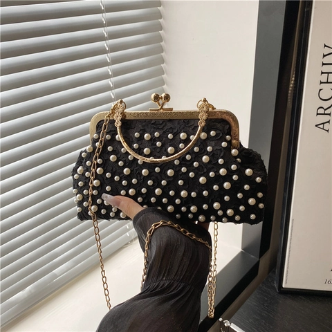 French Retro Artificial Pearl Lace Evening Bag With 3D Floral Decoration Metal Kiss Lock Chain Shoulder Bag Elegant Women Party Clutch