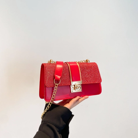 Women Sequined Patchwork Shoulder Bag PU Leather Metal Chain Strap Square Crossbody Purse Fashion Party Style