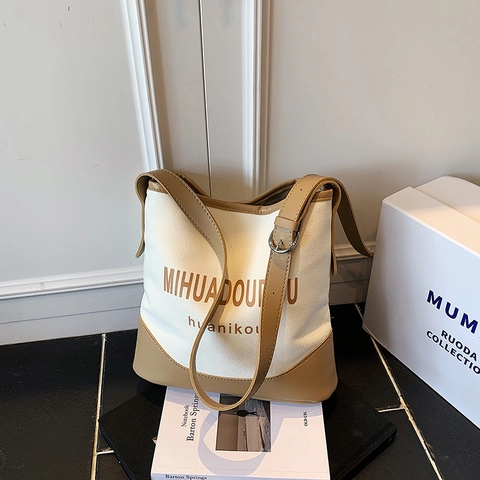 Borsa A Tracolla Da Donna Grande Capacità Tela Pelle PU Patchwork Stampa Lettere Stile Coreano Casual Mano
