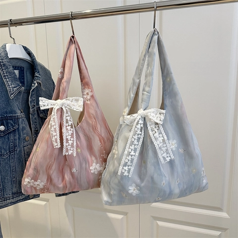 Women Large Capacity Fabric Tote Bag Sweet Floral Embroidery Lace Bow Tie Dye Artistic Shoulder Handbag