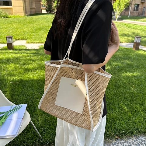 Woven Straw Tote Bag Large Capacity Hollow Out PU Leather Shoulder Bag Summer Beach Vacation Chic Handbag For Women