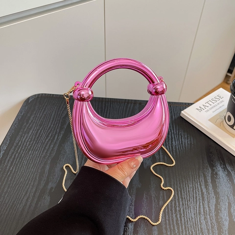 Mini Crescent Handbag Acrylic Mirror Surface Round Handle Metal Chain Strap Evening Party Crossbody Bag For Women