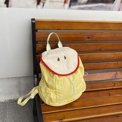 Fruit Theme Backpack Crinkle Nylon Cartoon Apple Watermelon Design Drawstring Flap Casual Travel Bag For Kids Girls