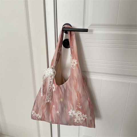 Women Large Capacity Fabric Tote Bag Sweet Floral Embroidery Lace Bow Tie Dye Artistic Shoulder Handbag