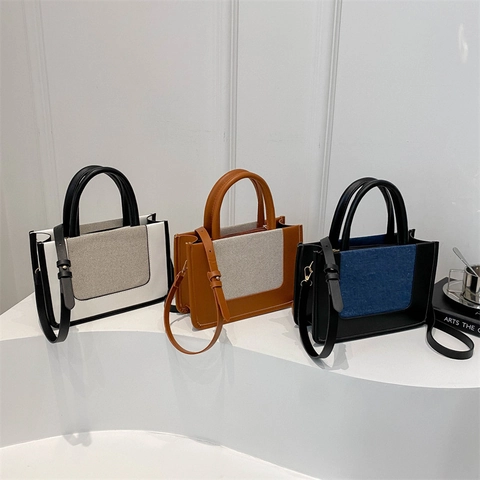 Damen Retro Patchwork PU Leder Leinwand Umhängetasche Kontrastfarbe Quadratische Umhängetasche Kleine Tote Handtasche Mit Verstellbarem Gurt