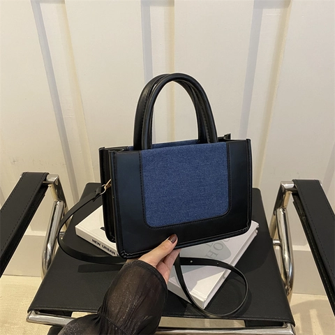 Bolso Bandolera De Lona Y Cuero PU Con Retazos Color En Contraste Chic Minimalista Bolso De Mano Commuter Para Mujer Cuadrado