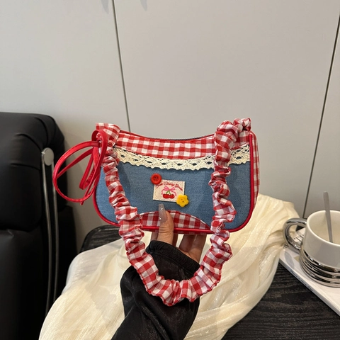 Borsa Sottoascella Dolce Denim Gingham Da Donna Retro Y2K Borsa A Tracolla Patchwork Con Pizzo Patch Ciliegia