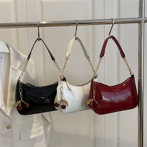 Women Underarm Bag Glossy Patent Leather PU Shoulder Handbag With Cherry Pendant Chain Strap Fashion Casual