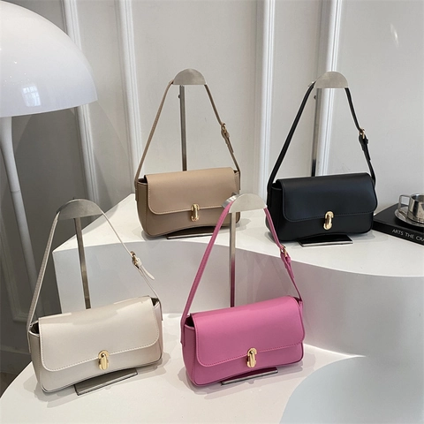 Borsa Sottobraccio Minimalista Pelle PU Colore Solido Fibbia Metallica Borsa A Tracolla Stile Coreano Borsa Quadrata Con Patta Da Donna