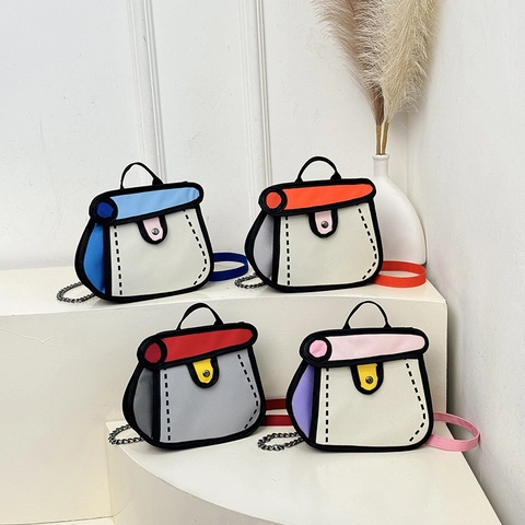 Women's 2D Comic Style Shoulder Bag Polyester Cartoon Crossbody Handbag With Metal Chain Fashion Small Square Bag For Daily