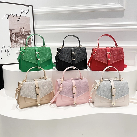 Women Sequin Shoulder Bag PU Leather Glitter Flip Crossbody Handbag With Metal Buckle Chic Square Daily Commute Bag