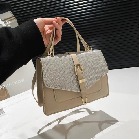 Women Sequin Shoulder Bag PU Leather Glitter Flip Crossbody Handbag With Metal Buckle Chic Square Daily Commute Bag