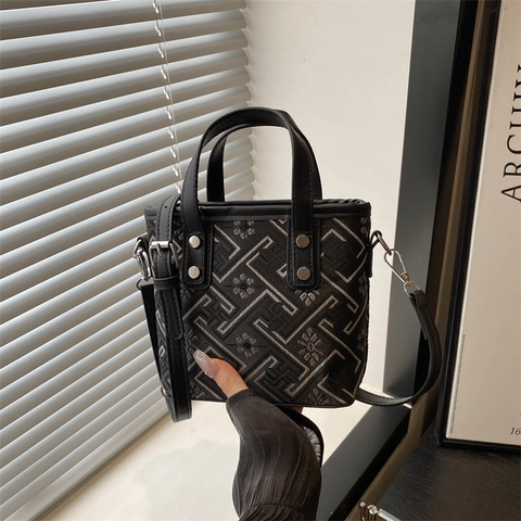 Mini Borsa A Secchiello Donna Borsa A Mano Jacquard Geometrico Con Tracolla Rimovibile Borsa A Tracolla Ricamata Retro Elegante