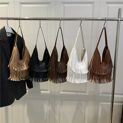 Women Trendy Tassel Shoulder Bag Large Capacity PU Leather Fringe Tote Bag Soft Bohemian Summer Hobo Bag Travel Handbag
