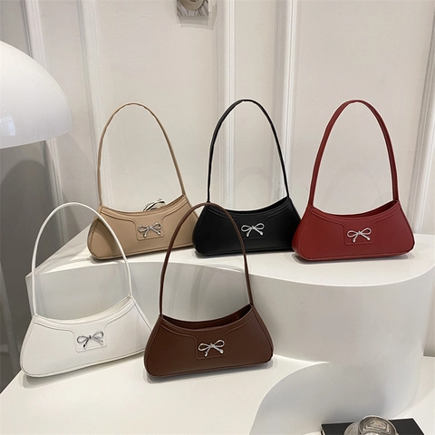 Sac sous le bras en cuir PU avec nœud papillon minimaliste pour femme élégant de couleur unie style coréen sac à bandoulière sac carré tendance