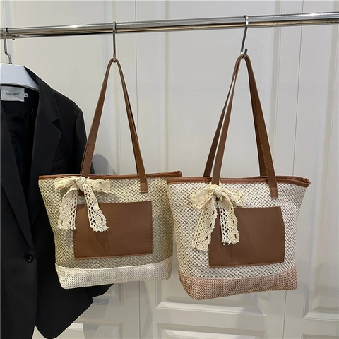 Damen Koreanischer Stil Strohgeflecht Beuteltasche Mit Spitzenschleife PU Leder Schultertasche Für Sommer Urlaub