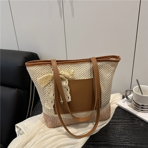 Women Summer Straw Woven Tote Bag Color Block Large Capacity Shoulder Bag With Lace Bow Patchwork PU Leather Handbag Vacation Bag