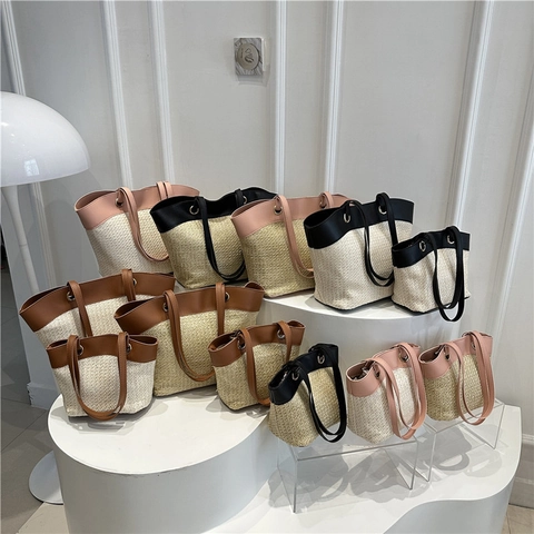 Women Retro Woven Straw Tote Bag With Leather Splicing Summer Beach Vacation Fashion Large Capacity Shoulder Bag