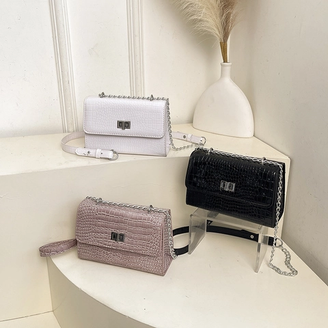Sac à Bandoulière Motif Crocodile pour Femmes Cuir PU Petit Sac Carré avec Verrou Métallique Mode Sac Messager Polyvalent