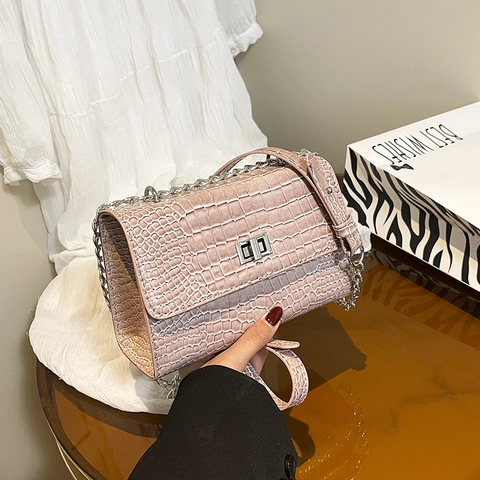 Krokodil Muster PU Leder Umhängetasche Silber Metallkette Quadratische Klappe Elegante Schultertasche Mode Damen