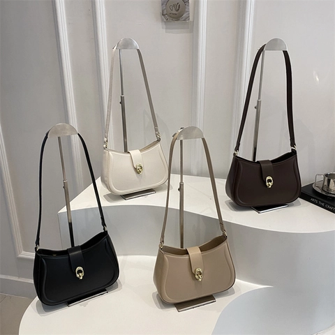 Women Underarm Shoulder Bag Minimalist PU Leather Half Moon Hobo Purse With Gold Metal Buckle Elegant Daily Bag