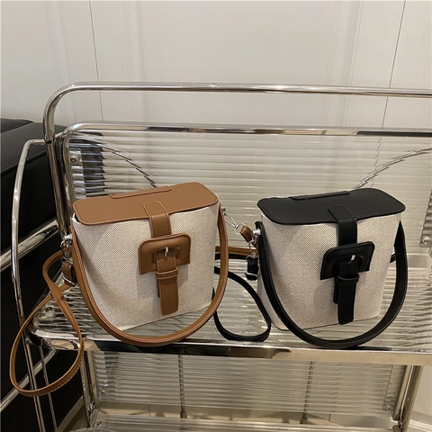 Women Canvas Bucket Bag PU Leather Splicing Contrast Color Retro Shoulder Crossbody Purse With Top Handle Magnetic Closure