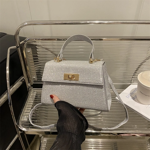 Glitter Sequin Handbag For Women Vintage Trapezoid Shoulder Bag Gold Twist Lock Adjustable Strap Evening Party Fashion
