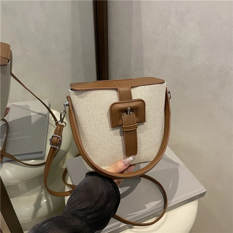 Women Canvas Bucket Bag PU Leather Splicing Contrast Color Retro Shoulder Crossbody Purse With Top Handle Magnetic Closure