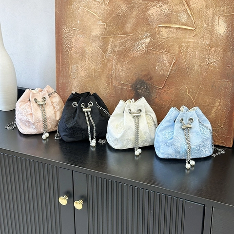 Butterfly Embroidered Lace Bucket Bag Drawstring Crossbody Handbag With Artificial Pearl Chain Strap Elegant Vintage For Women