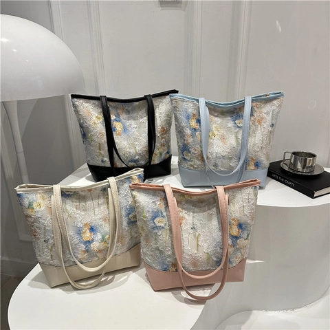 Sac Fourre-tout Floral pour Femmes Grande Capacité Tissu Texturé 3D Patchwork de Cuir Synthétique Sac à Bandoulière Décontracté Mode Navettage Shopping