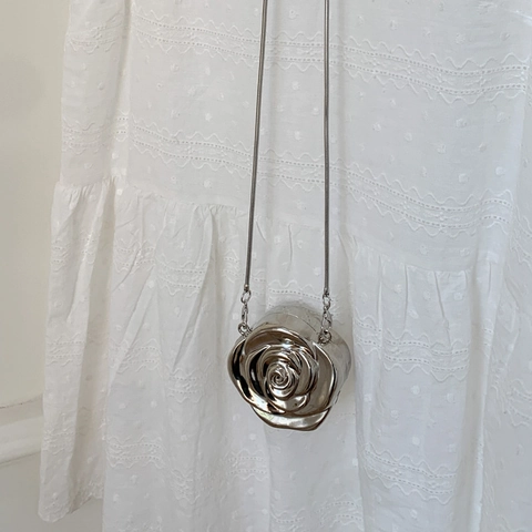 Elegante Rosenförmige Abendtasche Für Damen Metallisches Finish Party Clutch Mit Kettengurt Hochzeit Handtasche