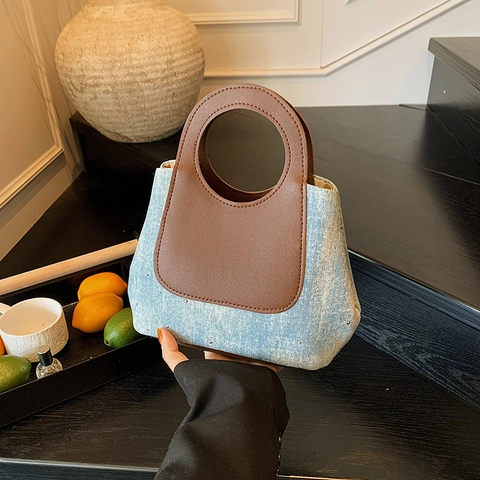 Women Handbag Denim And PU Leather Patchwork Contrast Color Bucket Bag Round Cutout Grip Casual Vintage Street Style