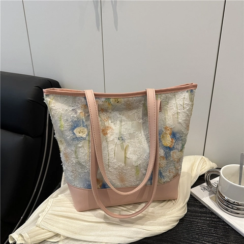 Sac Cabas à Bandoulière Grande Capacité en PU Patchwork Imprimé Floral pour Femme Mode Décontractée Sac à Main Élégant Quotidien