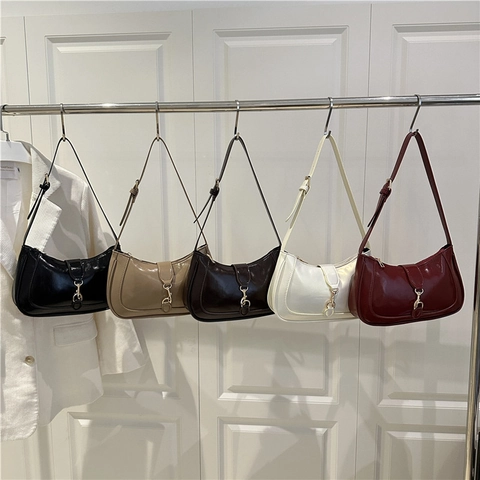 Retro Glossy PU Leather Half Moon Shoulder Bag For Women Fashion Piston Closure Hobo Bag Luxury Small Square Bag Handbag
