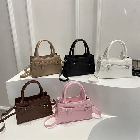 Women PU Leather Handbag Elegant Small Square Crossbody Bag With Bowknot Decoration Adjustable Strap Trendy Style