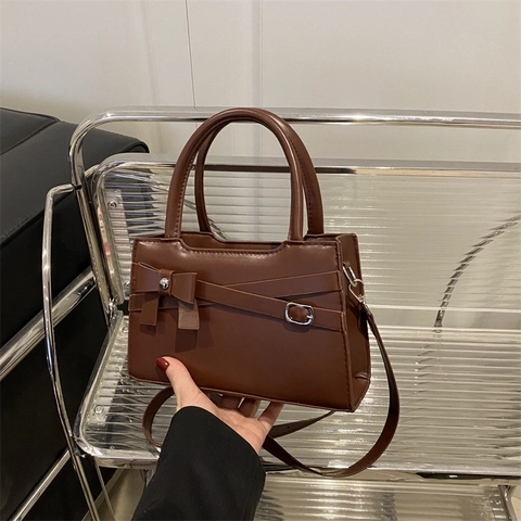 Women PU Leather Handbag Elegant Small Square Crossbody Bag With Bowknot Decoration Adjustable Strap Trendy Style