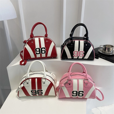 Bowling Handtasche Retro Sport PU Leder Kontrastfarben Mit Nummer 96 Patch Sternnieten Umhängetasche Für Damen