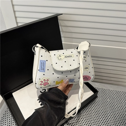 Women Polka Dot PU Leather Underarm Bag With Cartoon Patches And Braided Strap Casual Crossbody Shoulder Bag For Daily
