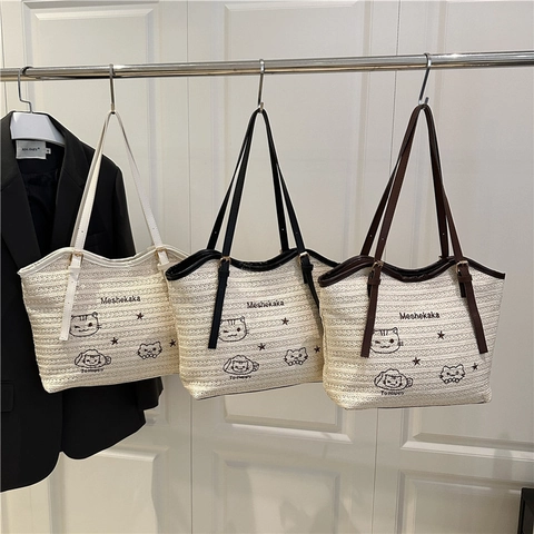 Damen Stroh Gewebt Tote Bag Cartoon Katze Stickerei Große Kapazität Sommer Strand Umhängetasche Mit Verstellbarem PU Lederriemen