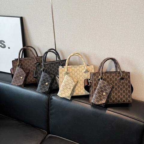 Retro Monogram M Printed Women Handbag And Pouch PU Leather Wide Shoulder Strap Crossbody Bag Casual Tote