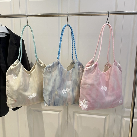 Bolso Tote de Malla Tie Dye de Moda para Mujer Con Flores Bordadas Asas de Cuerda Tejida Bolso de Hombro de Gran Capacidad