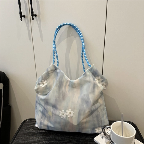 Damen Tote Bag Mit Blumenstickerei Tie-Dye Stoff Leicht Große Kapazität Schultertasche Mit Geflochtenen Seilgriffen