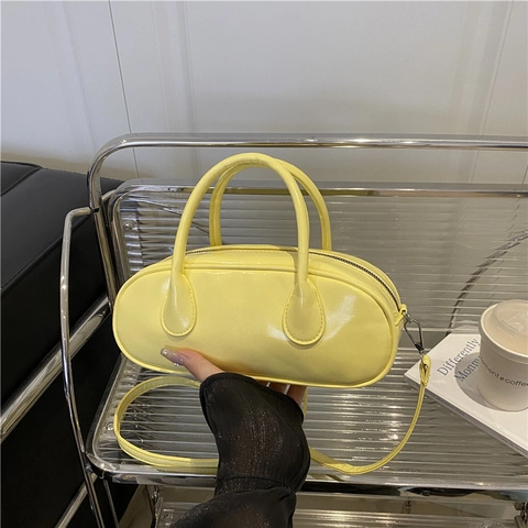 Women Boston Handbag PU Leather Oval Pill Shaped Solid Color Crossbody Shoulder Bag Daily Fashion Versatile Shiny