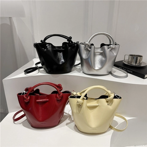 Women Trendy PU Leather Bucket Bag Minimalist Knot Handle Shoulder Crossbody Bag Fashion Street Style Small Purse
