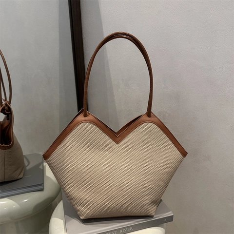 Damen Große Kapazität Tote Bag V-Ausschnitt Gewebte Textur PU Leder Besatz Mode Retro Sommer Pendler Umhängetasche